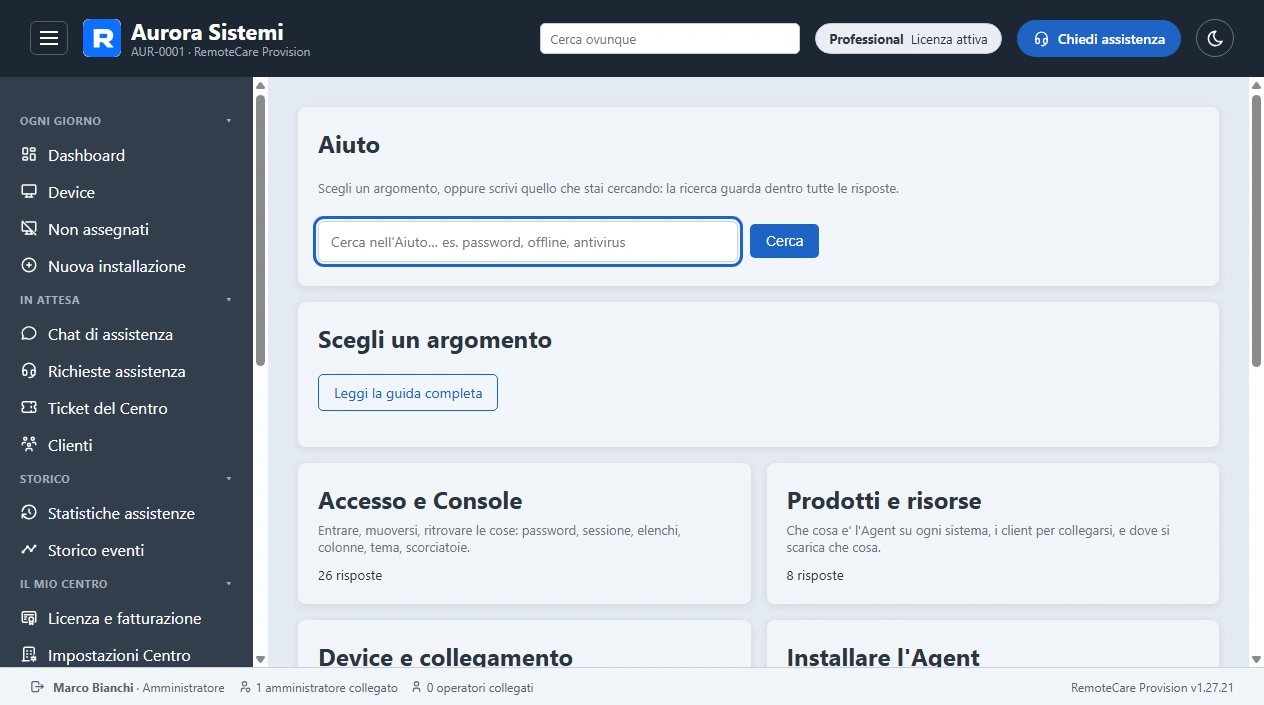 La pagina Aiuto della Console, con la ricerca e gli argomenti