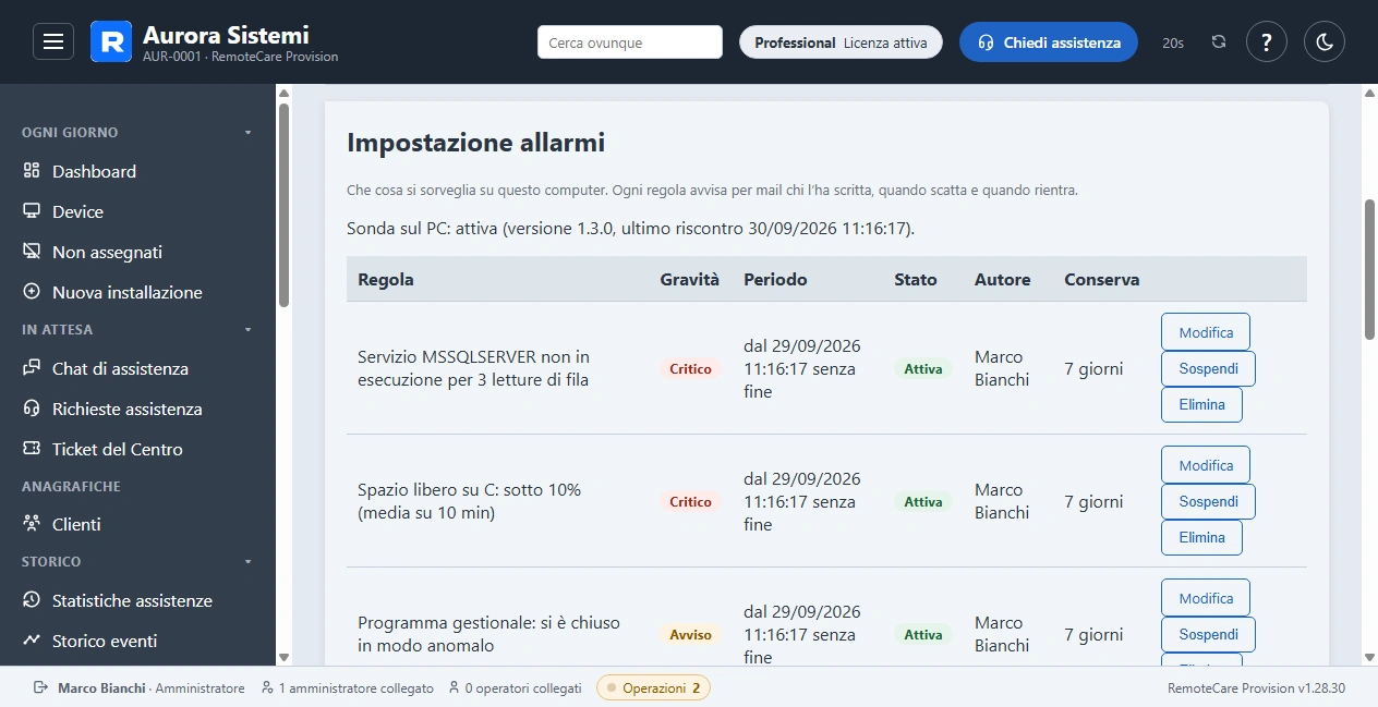 Le regole di allarme di un PC Windows: servizio fermo, disco quasi pieno, programma che si chiude male