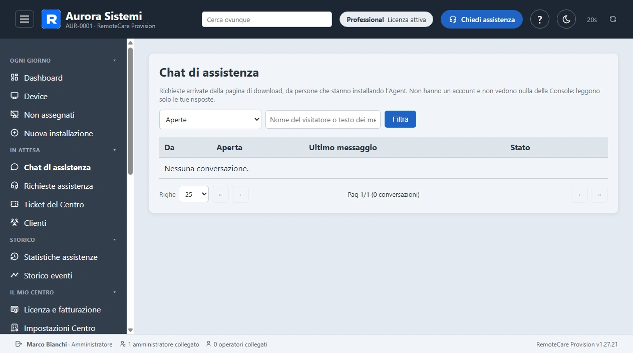 La chat di assistenza con chi sta installando l'Agent