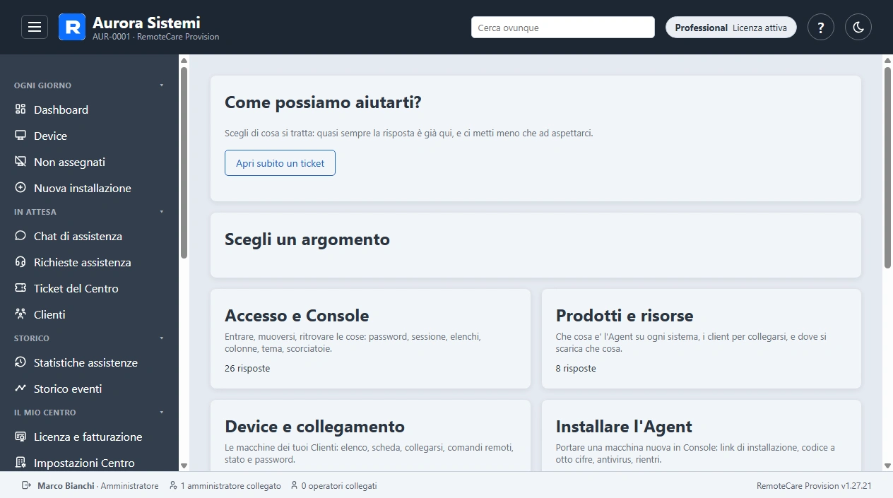 Il percorso «Chiedi assistenza» con gli argomenti fra cui scegliere