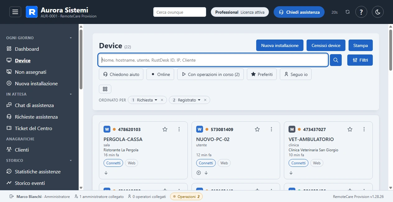 La Console di teleassistenza: l'elenco dei device dei Clienti, ognuno con stato, ultimo contatto e il pulsante Connetti