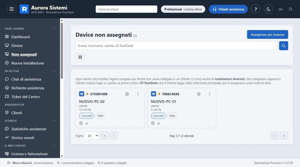 L'elenco dei device non ancora assegnati a un Cliente