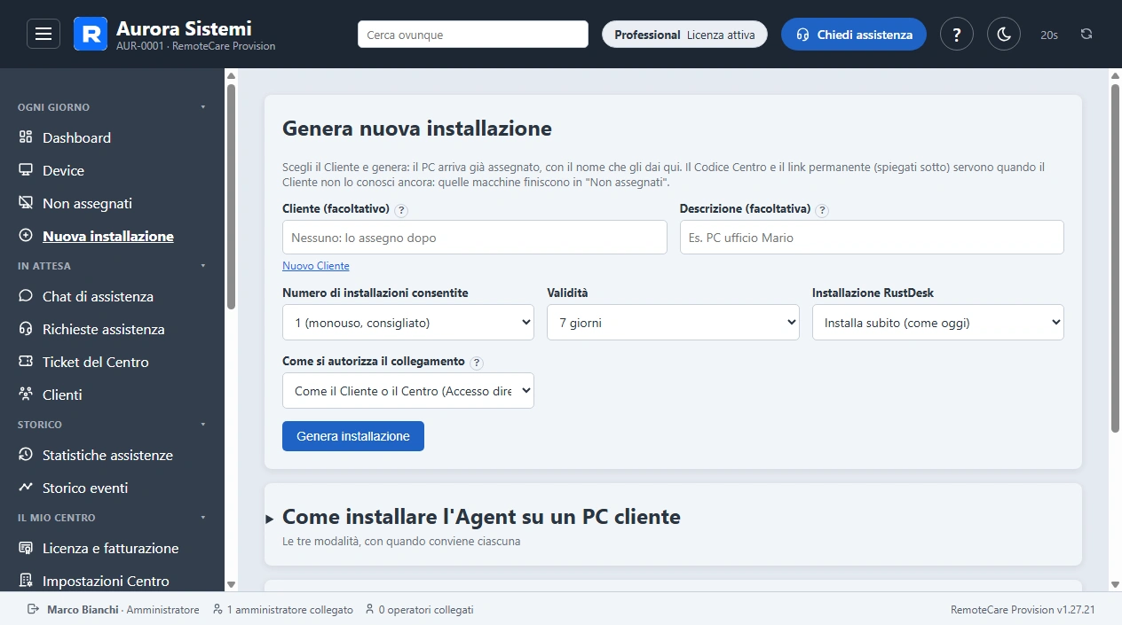 La pagina per generare un link di installazione dell'Agent per il Cliente