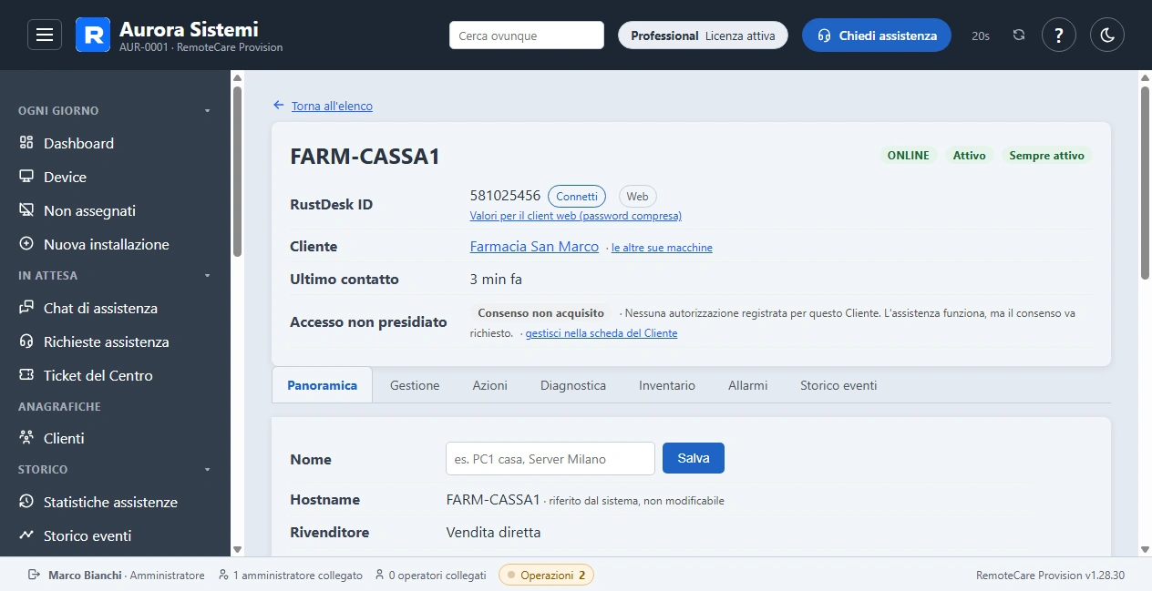 La scheda di un computer assistito, con i suoi dati e i comandi remoti