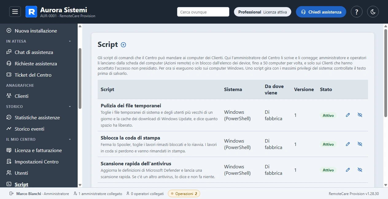 La libreria degli script di manutenzione del Centro, con gli script di fabbrica per Windows