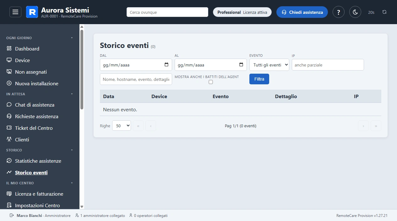 Lo storico degli eventi registrati dalla Console