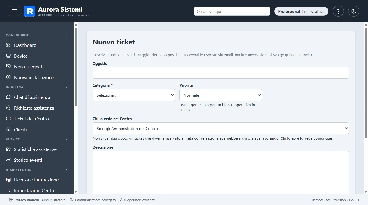 Il modulo di apertura di un ticket di assistenza